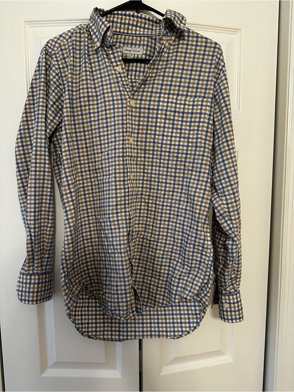 Peter Millar Blue and Tan Check Button-Up Shirt